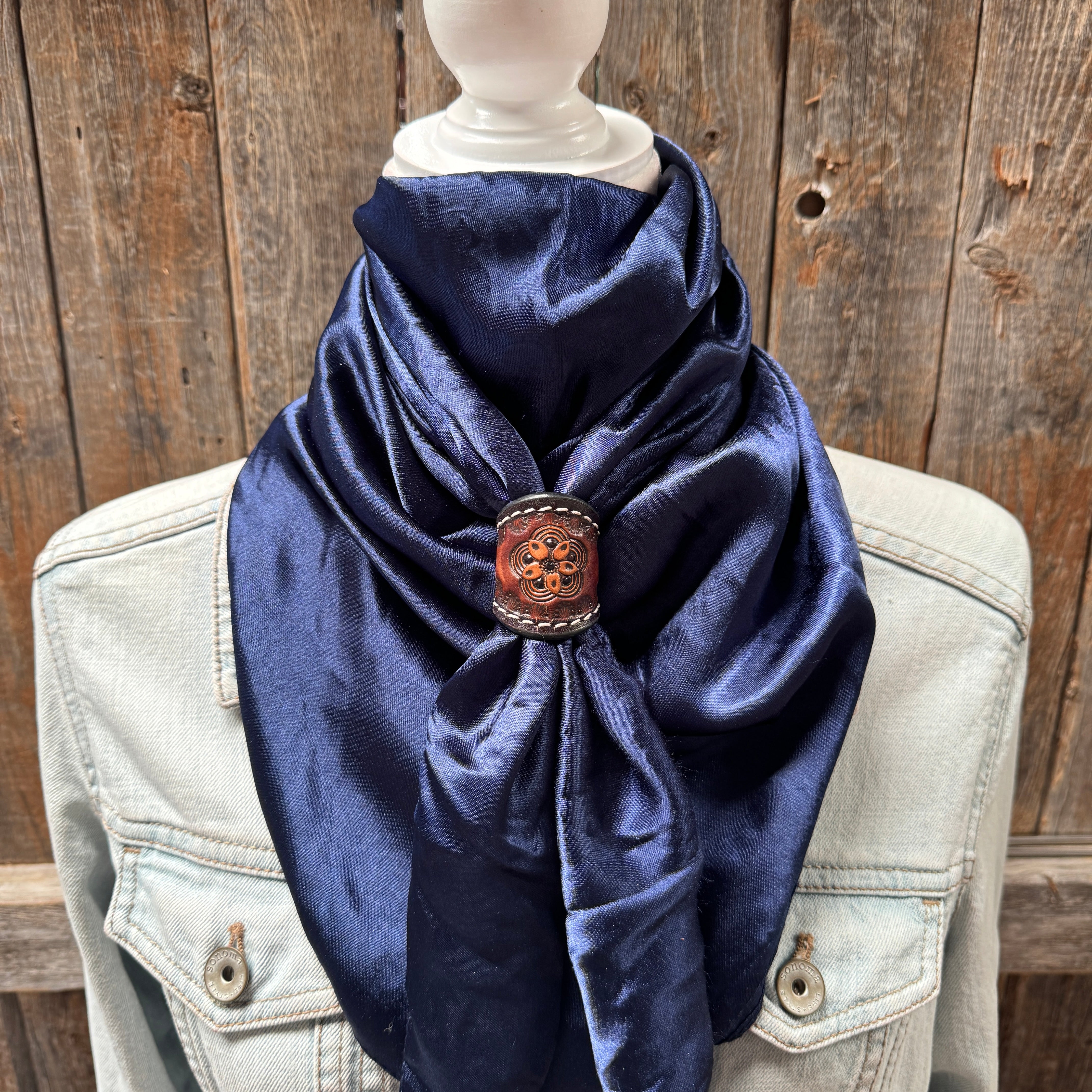 35X35" Solid Dark Blue Wild Rag / Scarf WRS9 - Tooled Leather Wild Rag Slides - Assorted