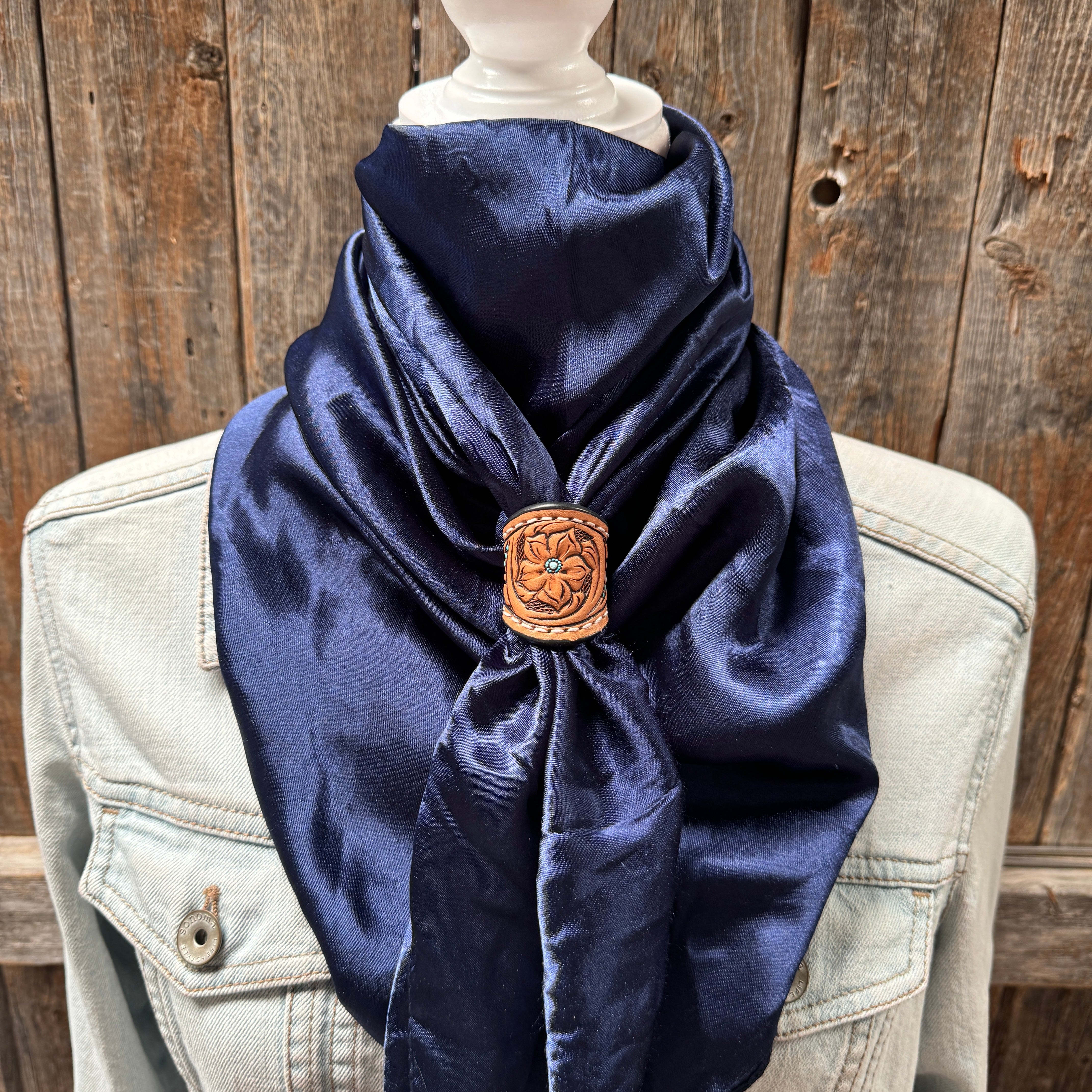 35X35" Solid Dark Blue Wild Rag / Scarf WRS9 - Tooled Leather Wild Rag Slides - Assorted