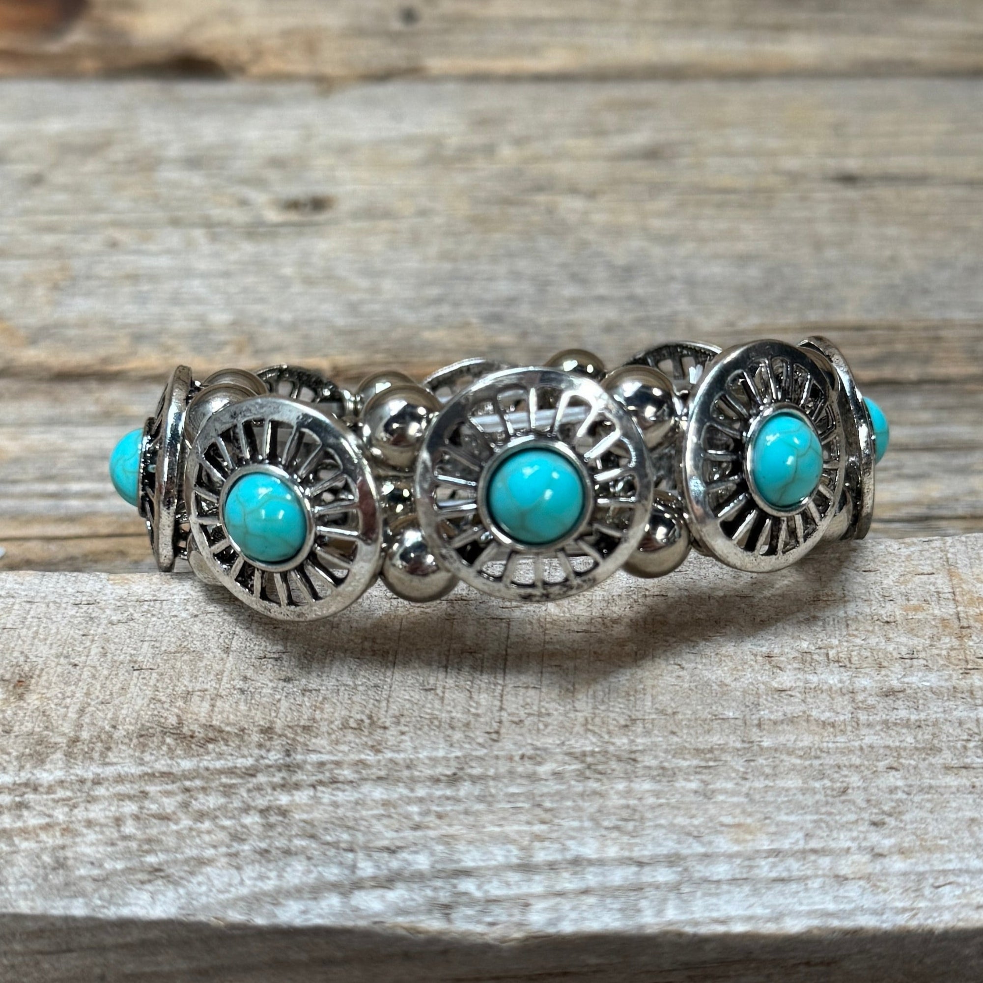 Western Silver Circle Turquoise Fashion Bracelet-Rodeo Drive Conchos