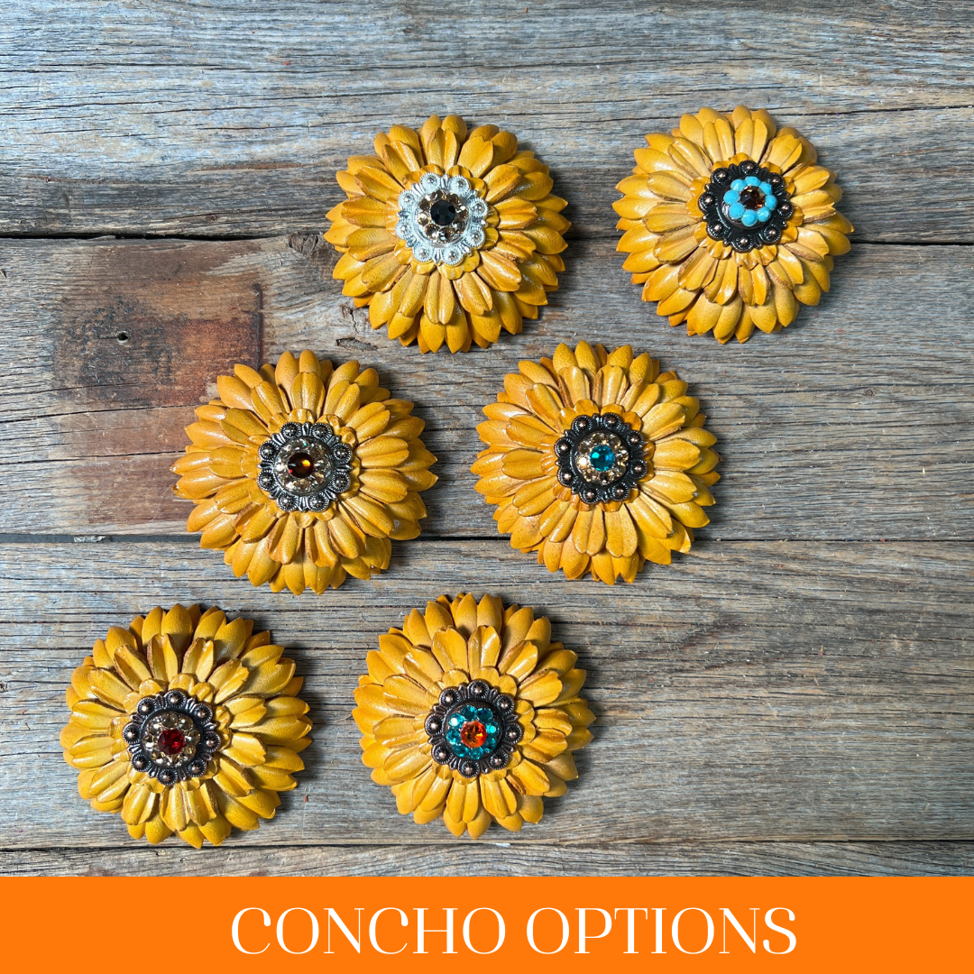 Yellow Daisy Leather Flowers - 1" Crystal Conchos - Options