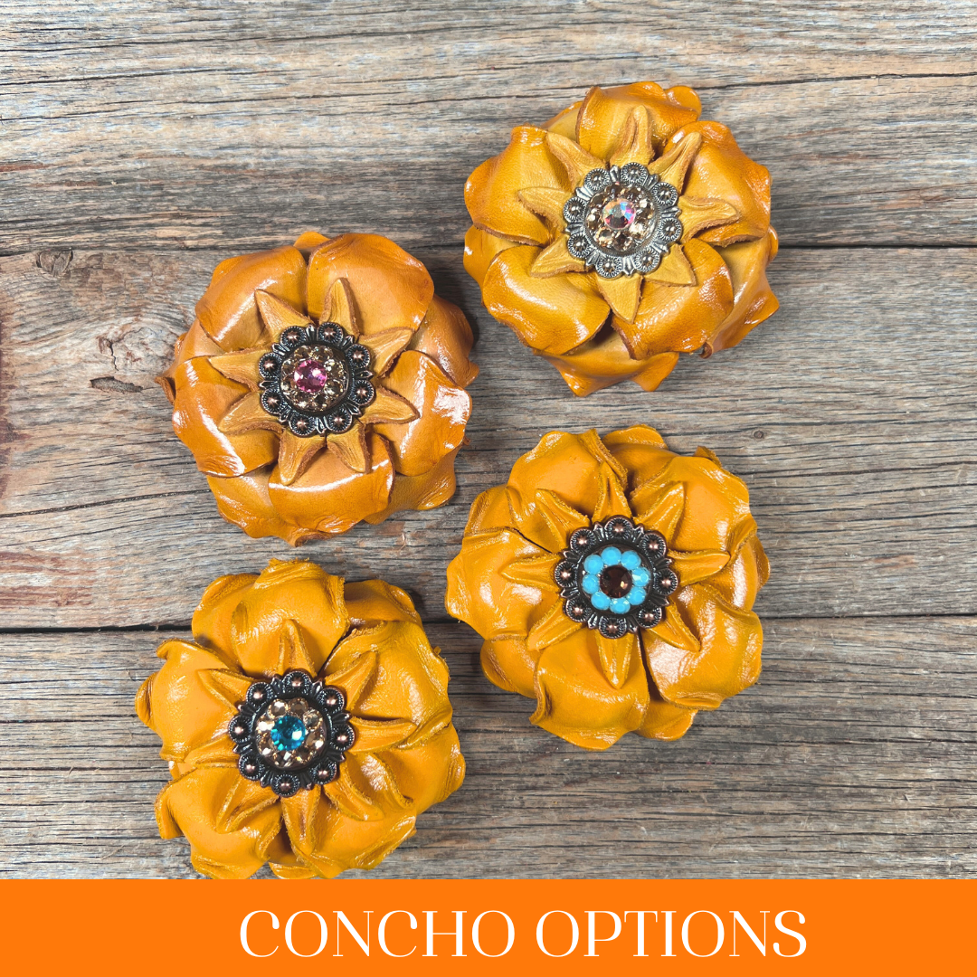 Yellow Gardenia Leather Flowers - 1" Crystal Conchos - Options