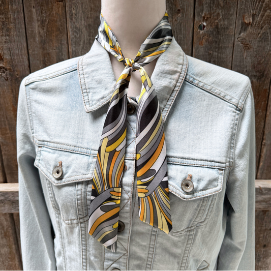 Yellow and Grey Striped Wild_Rag_Scarf_for_NFR_Cowgirls_Rodeo_Drive_Conchos