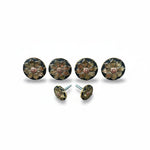 a set of five ornate black and gold knobs with flower-like designs, arranged in a row.