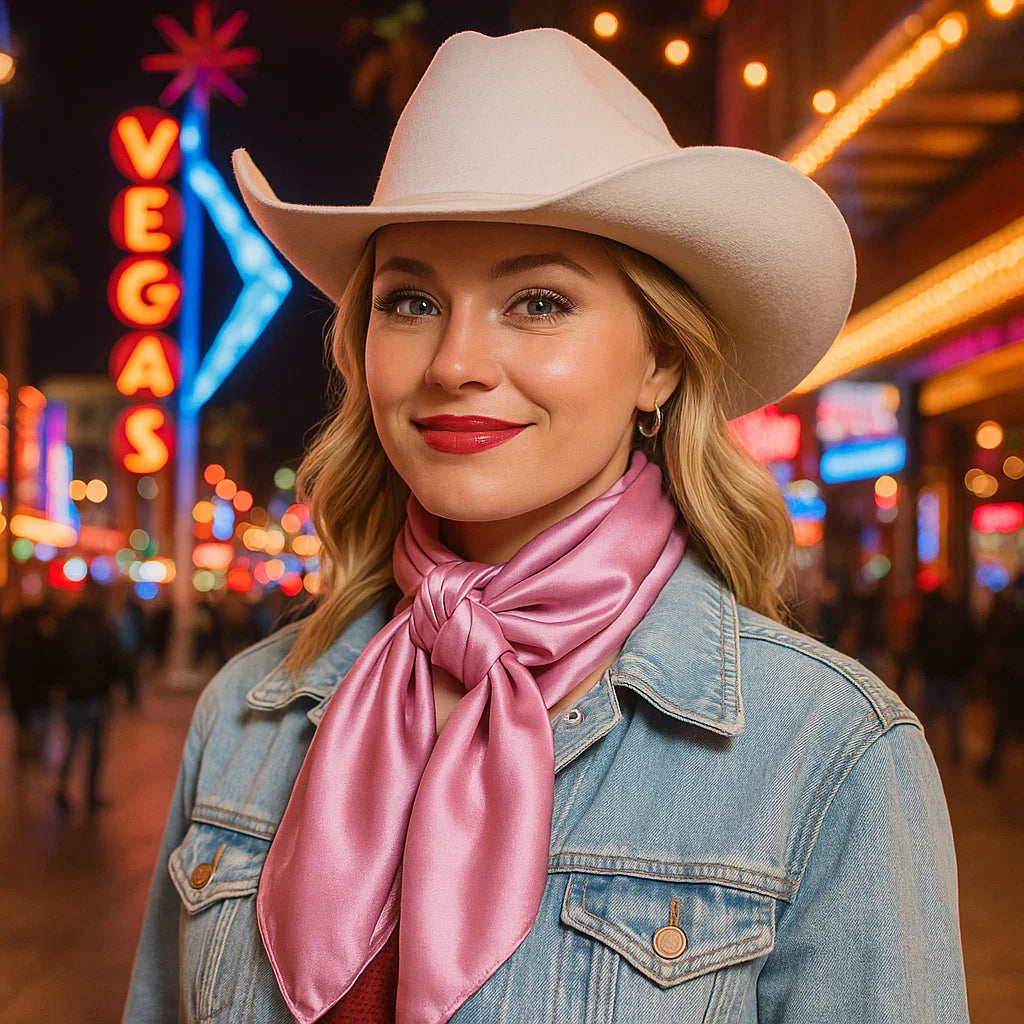 Woman wearing a cowboy hat and pink wild rag / scarf with neon signs in the background