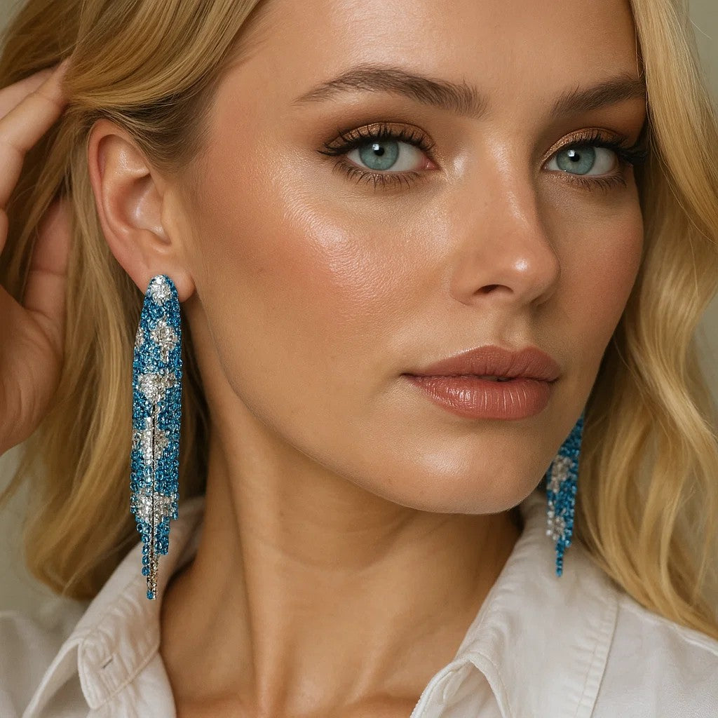 Blue and White Rodeo Inspired Rhinestone Dangle Fashion Earrings