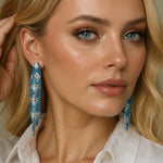 Blue and White Rodeo Inspired Rhinestone Dangle Fashion Earrings