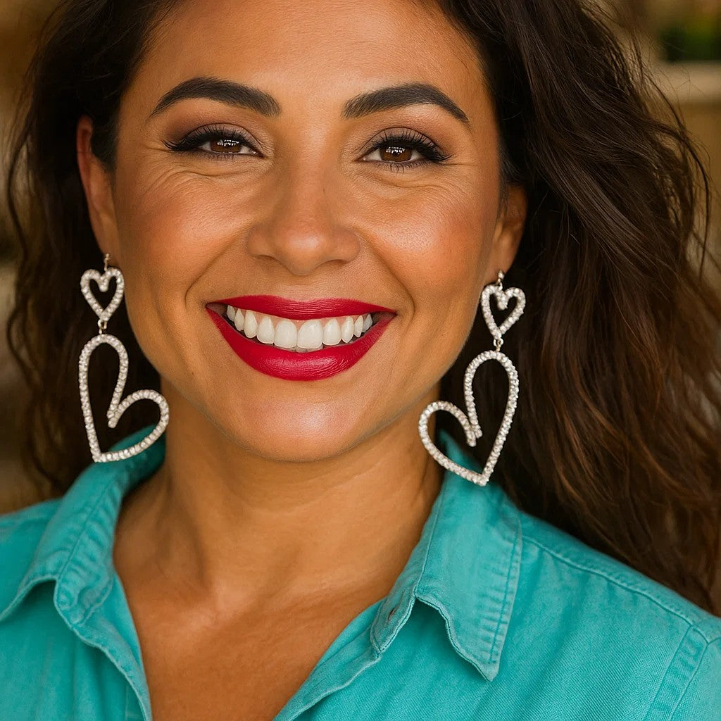 Silver Cowgirl Rhinestone Heart Dangle Fashion Earrings