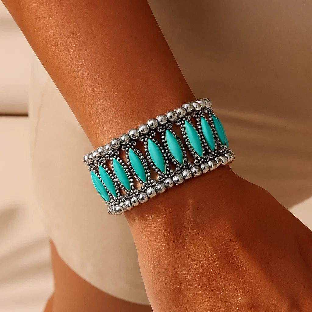 Western Silver Wide Turquoise Fashion Bracelet