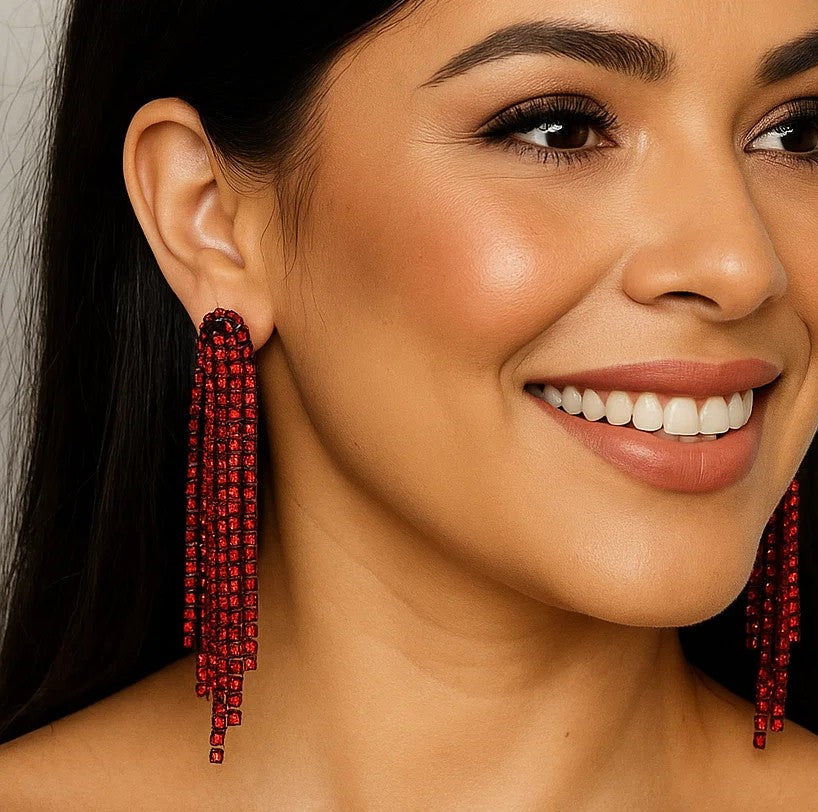 Red Western Boho Rhinestone Dangle Fashion Earrings