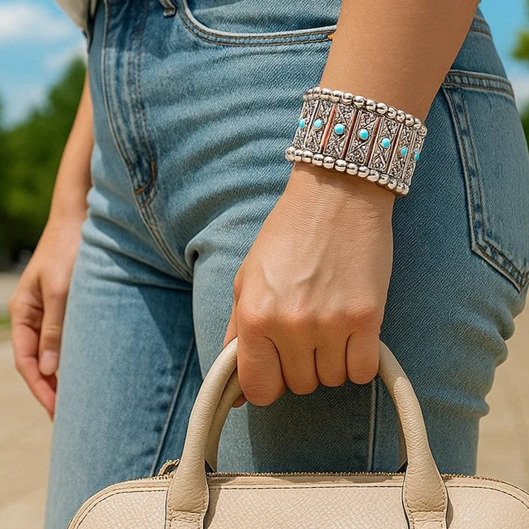 Western Silver Leaf and Bead Fashion Bracelets  - Turquoise