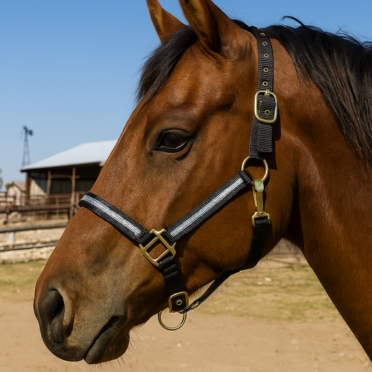 Brown horse wearing a black nylon halter with rhinestones 