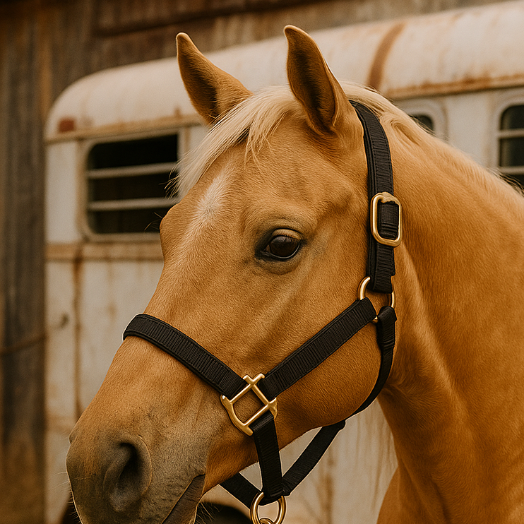 palomino horse with a black nylon halter 
in front of a rustic trailer