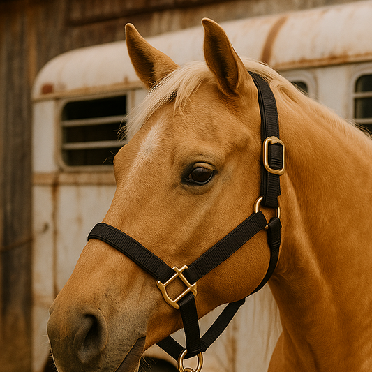 palomino horse with a black nylon halter 
in front of a rustic trailer