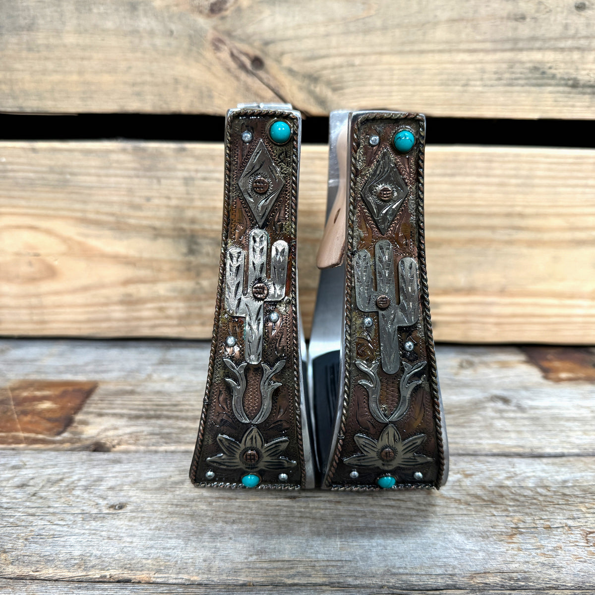 Hand Engraved Copper and Cactus Barrel Racing/Trail Western Stirrups BRS103