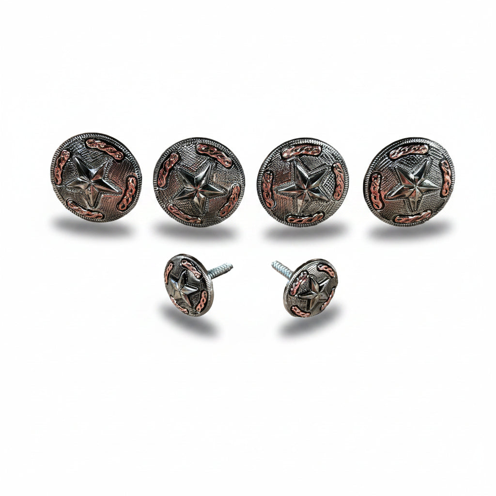 a collection of six metal buttons with star designs, arranged in two rows of three.