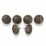 six ornate, circular metal buttons with floral designs and beads around the edges, arranged in two rows of three.