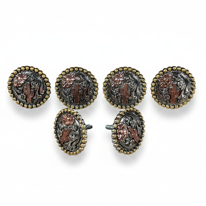 six ornate, circular metal buttons with floral designs and beads around the edges, arranged in two rows of three.