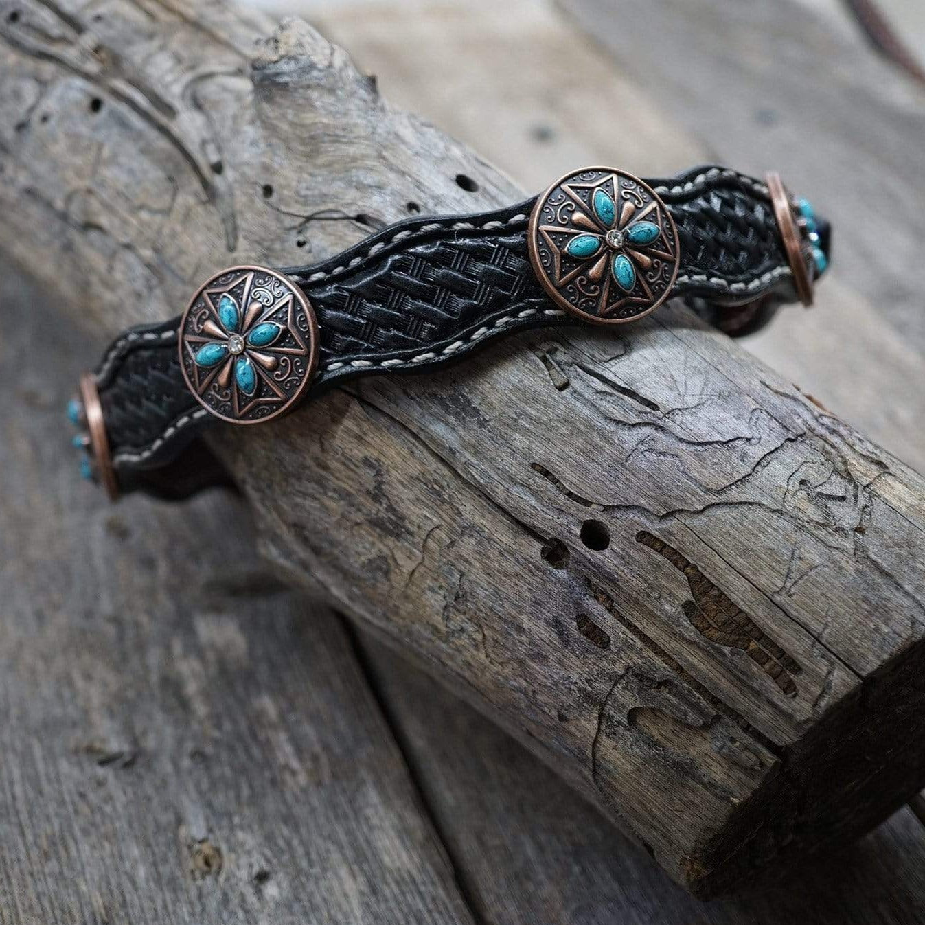 DC3 -Black Leather Dog Collar Conchos 10"-22" W138S