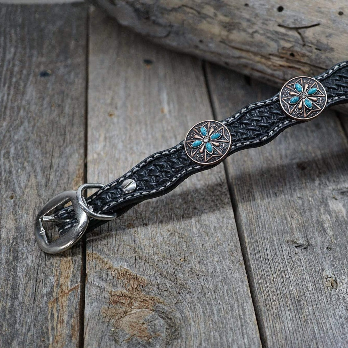 DC3 -Black Leather Dog Collar Conchos 10"-22" W138S