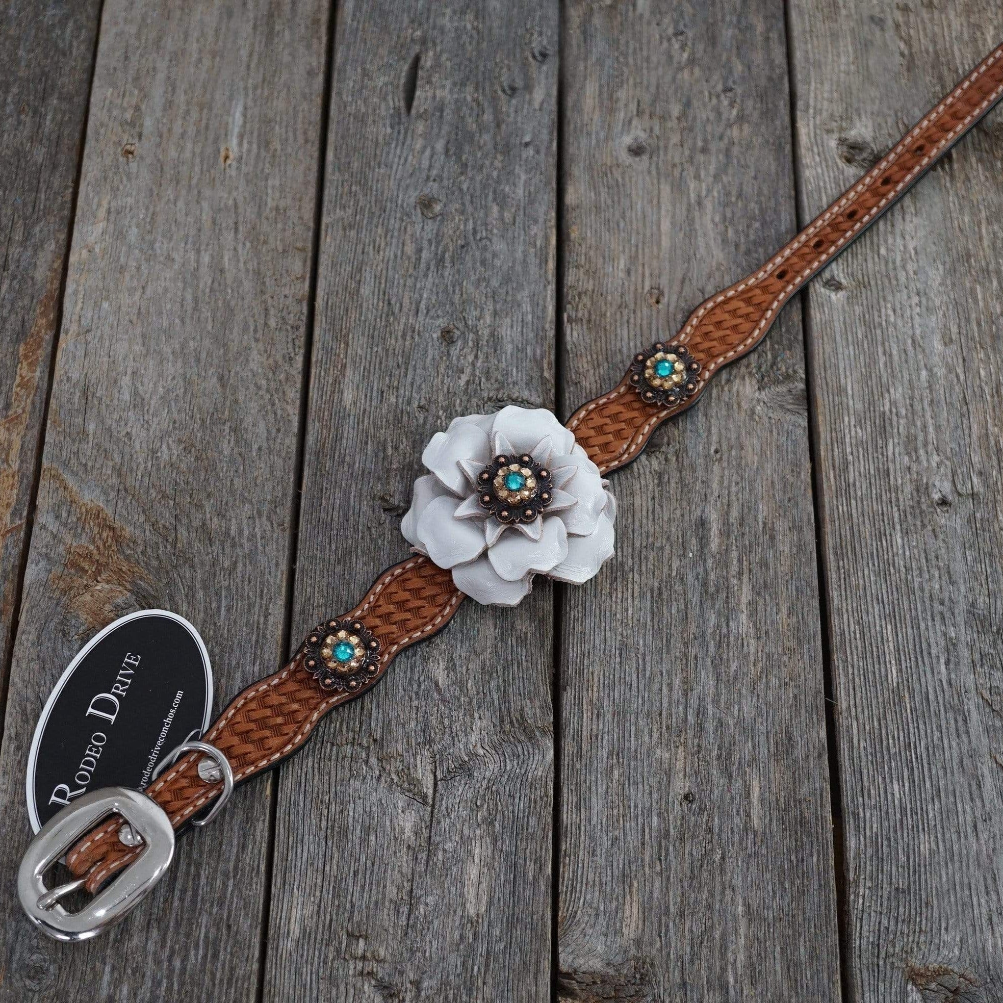 DC23 -Light Oil Leather Dog Collar - White Flower & Copper Conchos 10