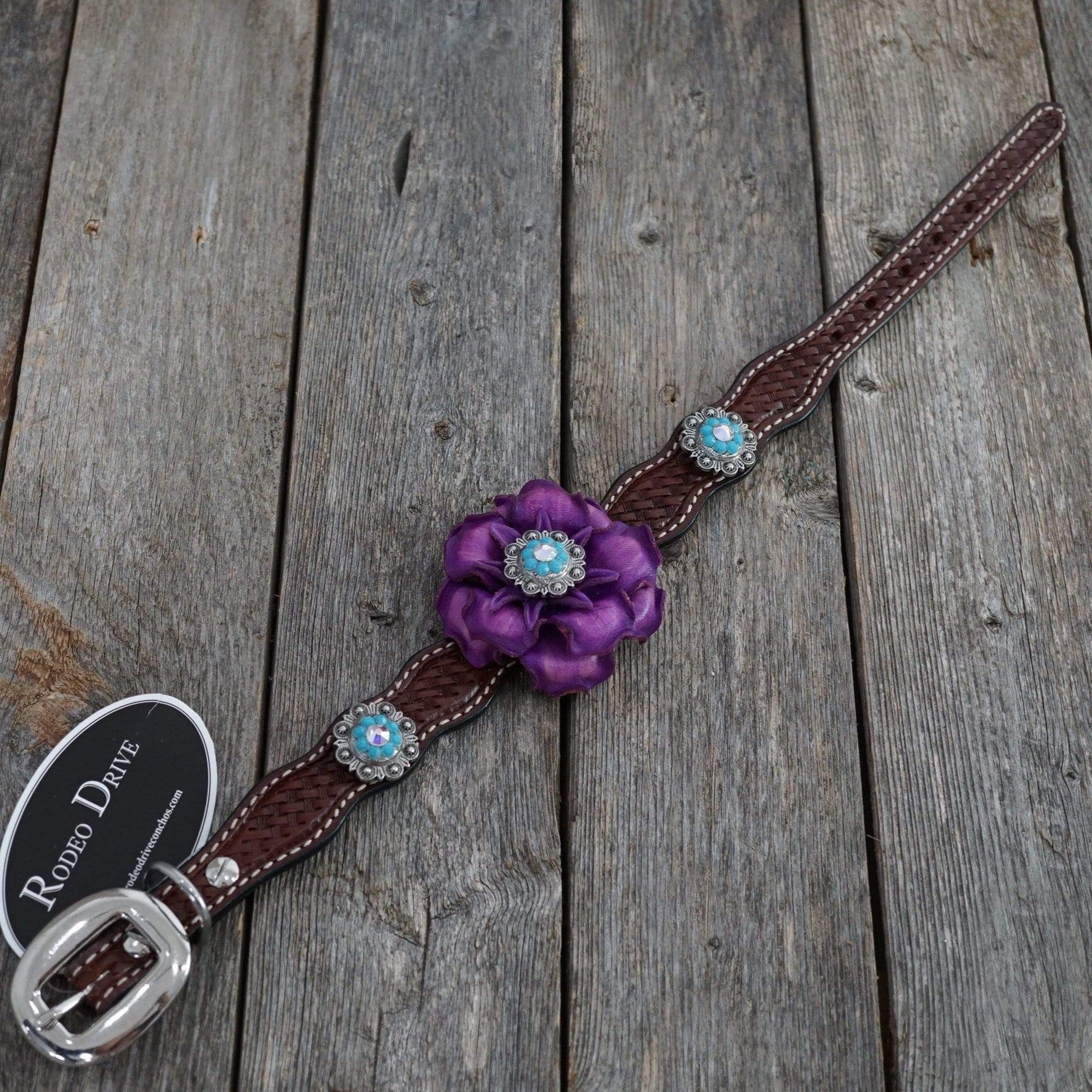 DC26 -Medium Oil Leather Dog Collar - Purple Flower & Antique Silver Conchos 10"to 22"