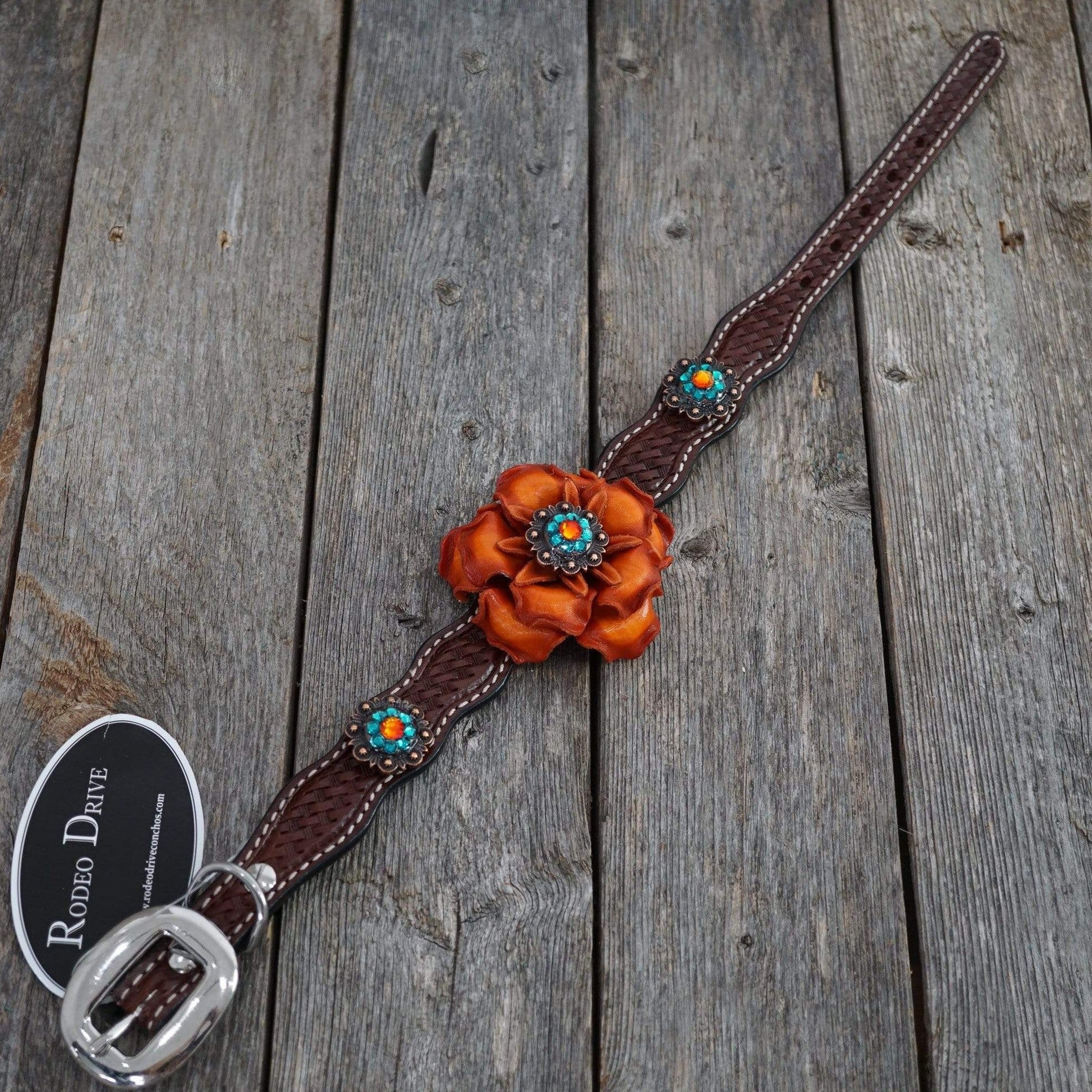 DC27 -Medium Oil Leather Dog Collar - Orange Flower & Copper Conchos 10