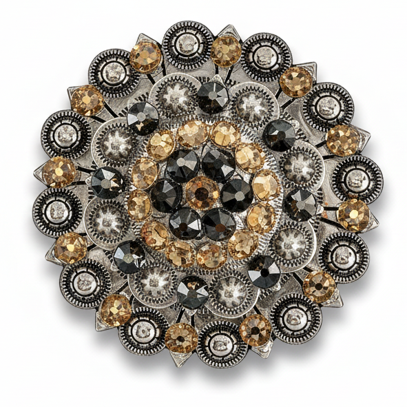 Antique Silver Champagne, Jet Crystal Conchos - Sizes from 1"- 3" and Buckles