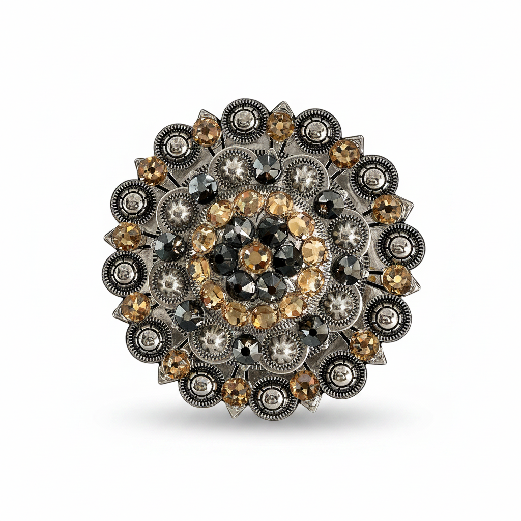 Antique Silver Champagne - Jet Crystal Conchos | Sizes 1"- 3" | Buckles | Saddle Set | Leather Rosettes | Slide