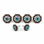 a collection of ornate, decorative knobs and handles, each adorned with a floral pattern and embellished with turquoise stones. The knobs are arranged in a row, with two of them having screws, and the handles are placed next to them, all set against a white background.