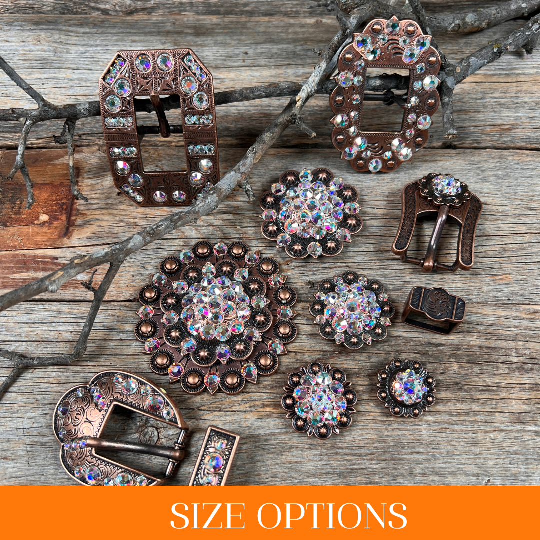 Copper AB Crystal Conchos Sizes from 1"-3" and Buckles