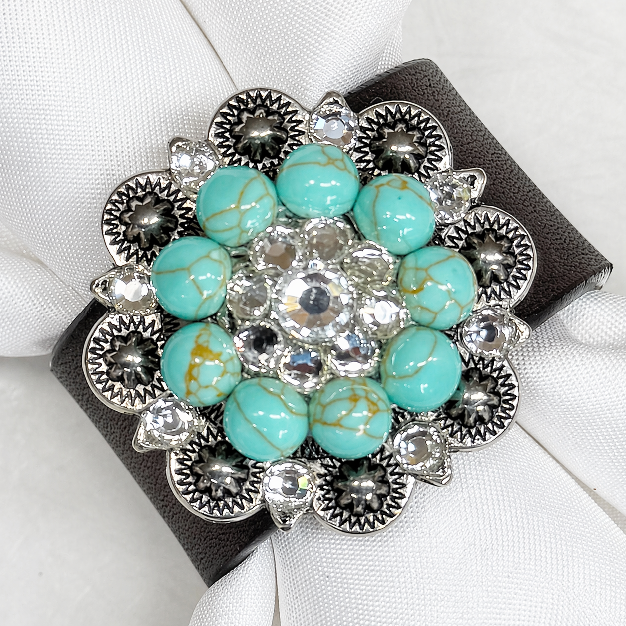 Antique Silver Turquoise/Clear Crystal Concho Napkin Ring #CNR105
