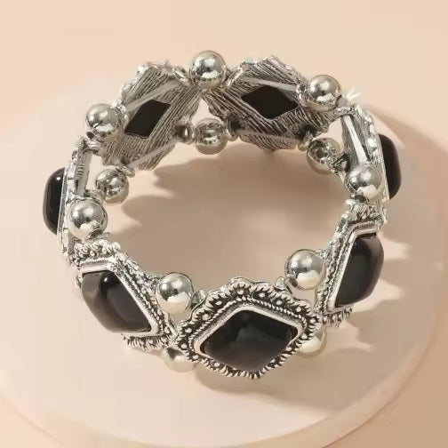 Western Silver Chunky Rodeo Fashion Bracelets - Black