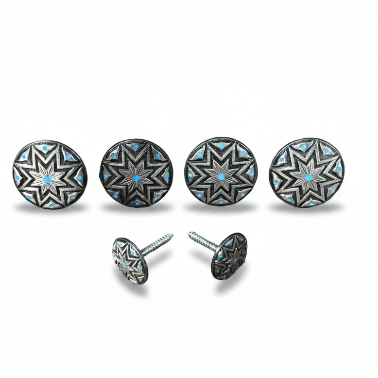 a collection of five round metal buttons with star-shaped designs, each adorned with blue accents. The buttons are arranged in a row, with two of them being identical.