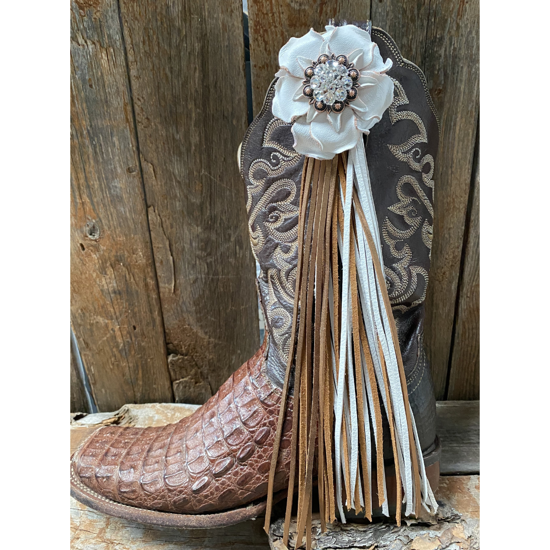 Boot Cuff Jewelry - White Leather Flower - Concho - Fringe