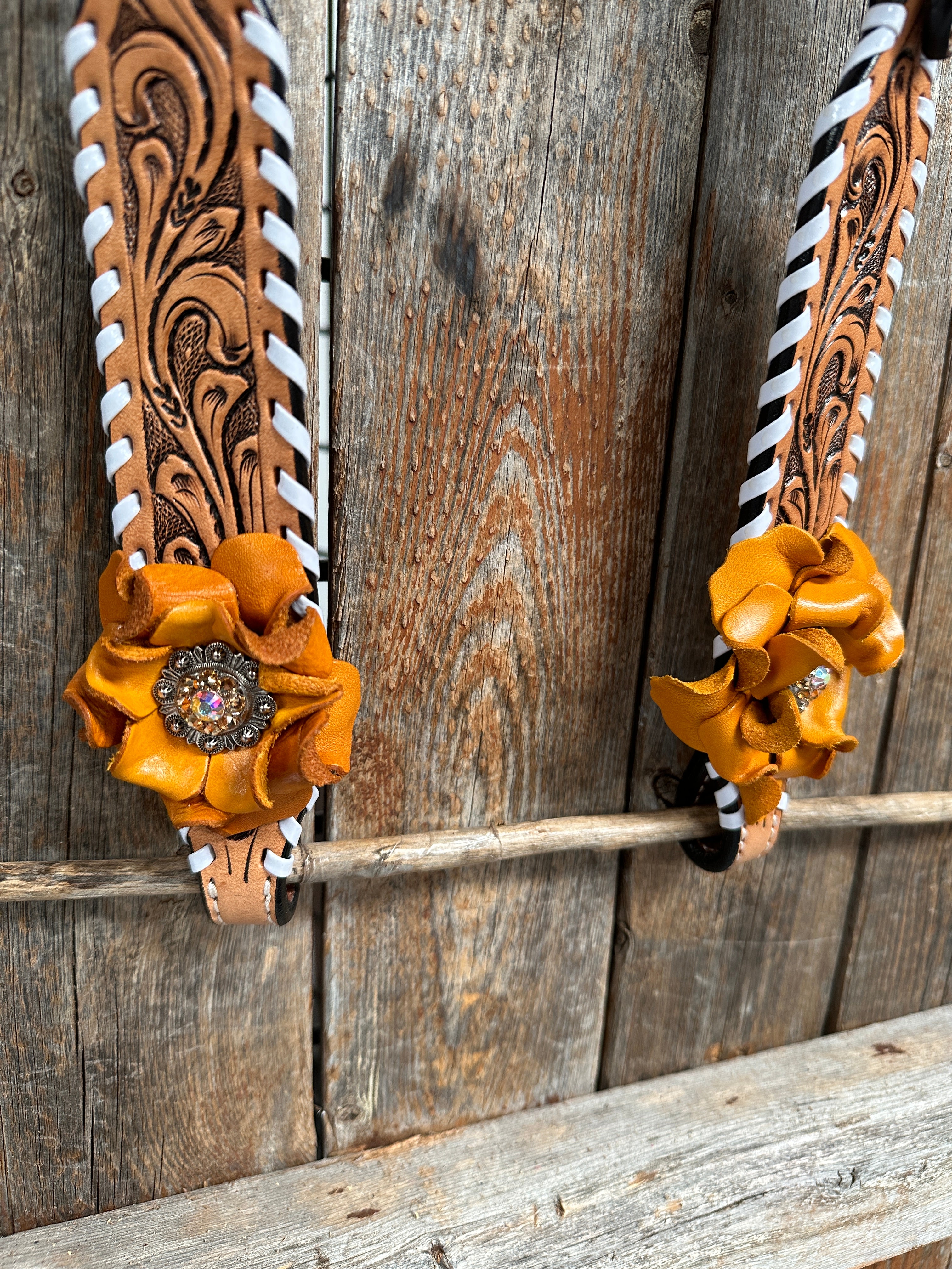 Whip Stitch One Ear Headstall / Bridle - Yellow Roses & European Conchos #OE286