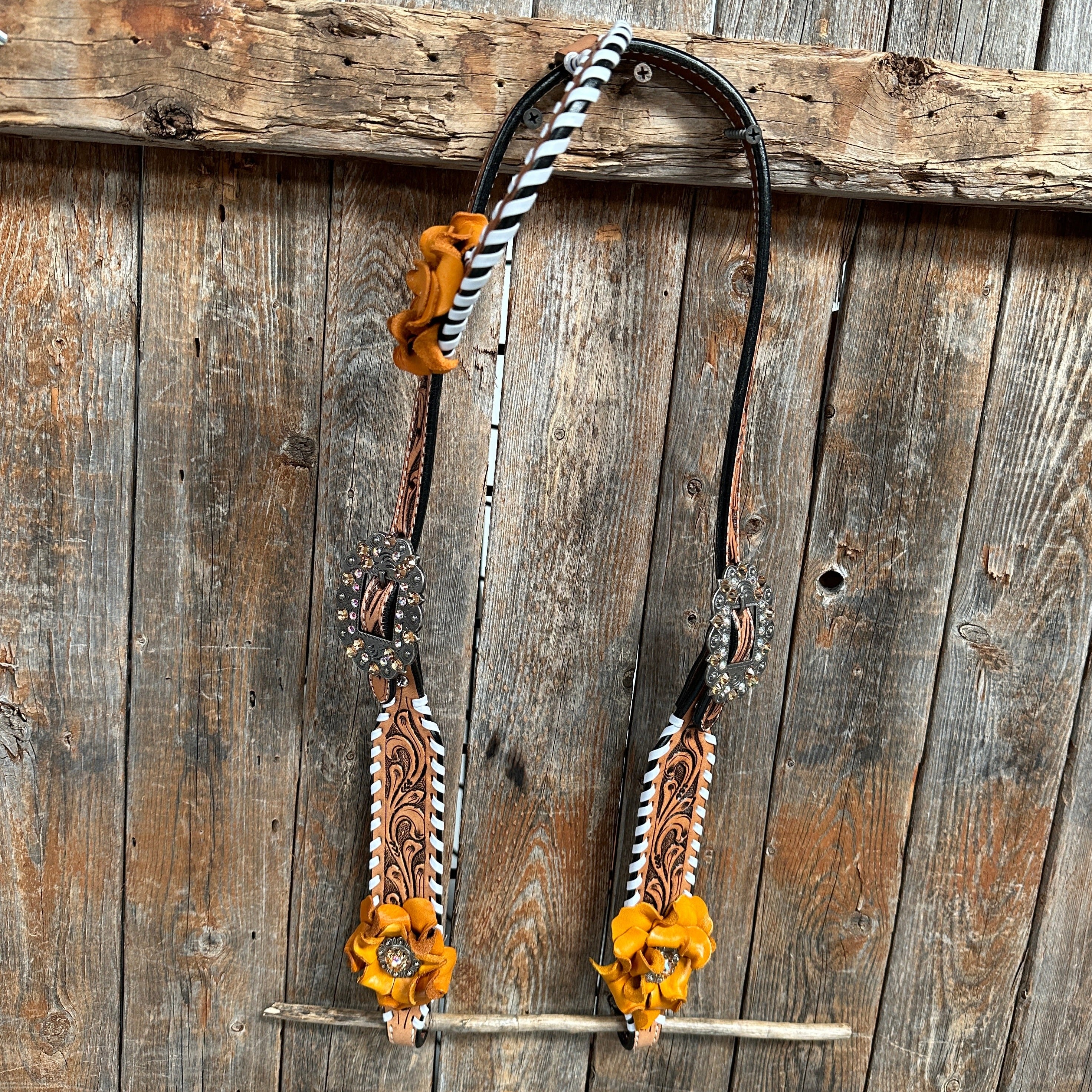 Whip Stitch One Ear Headstall / Bridle - Yellow Roses & European Conchos #OE286