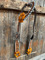 Whip Stitch One Ear Headstall / Bridle - Yellow Roses & European Conchos #OE286