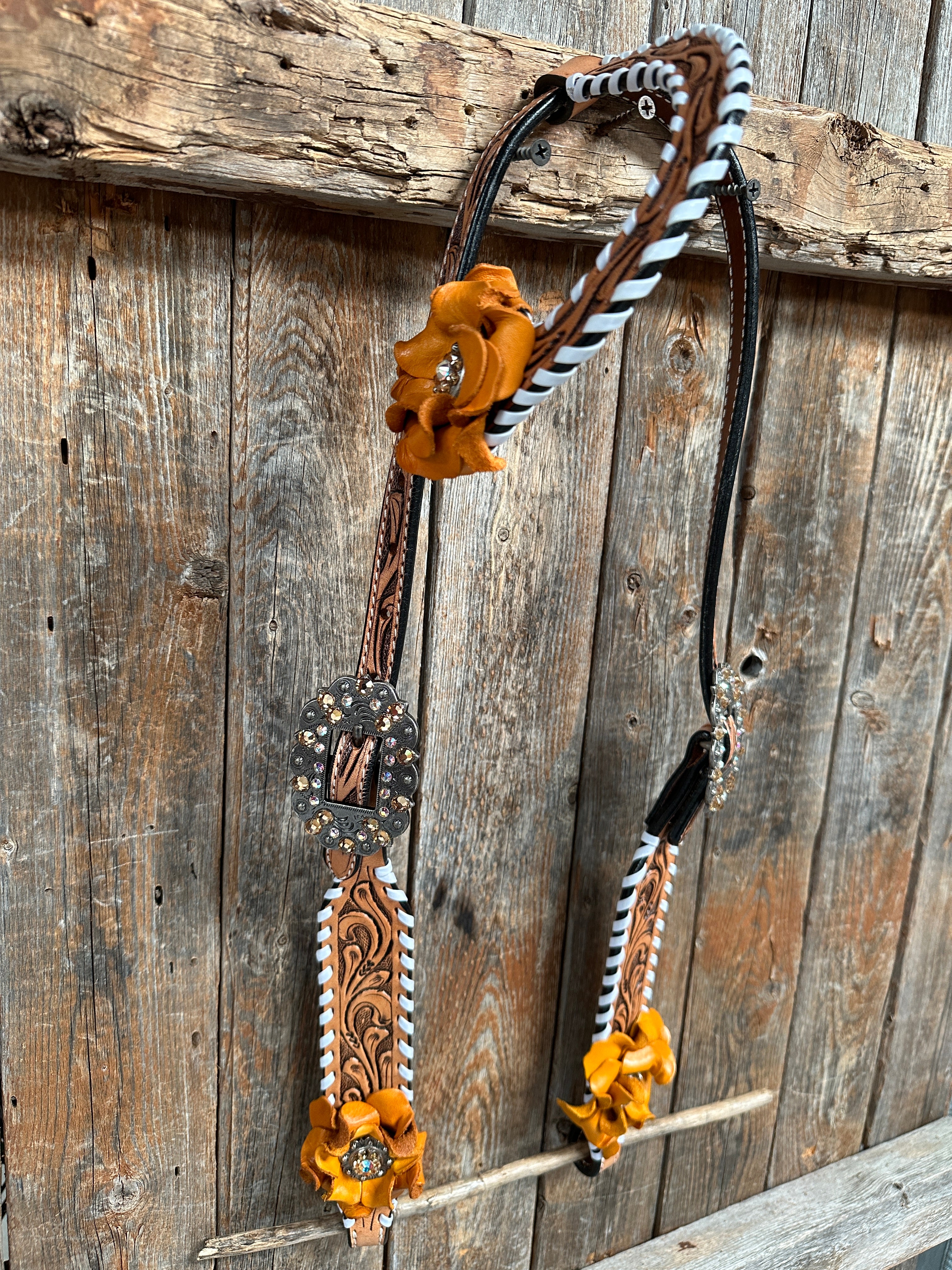 Whip Stitch One Ear Headstall / Bridle - Yellow Roses & European Conchos #OE286