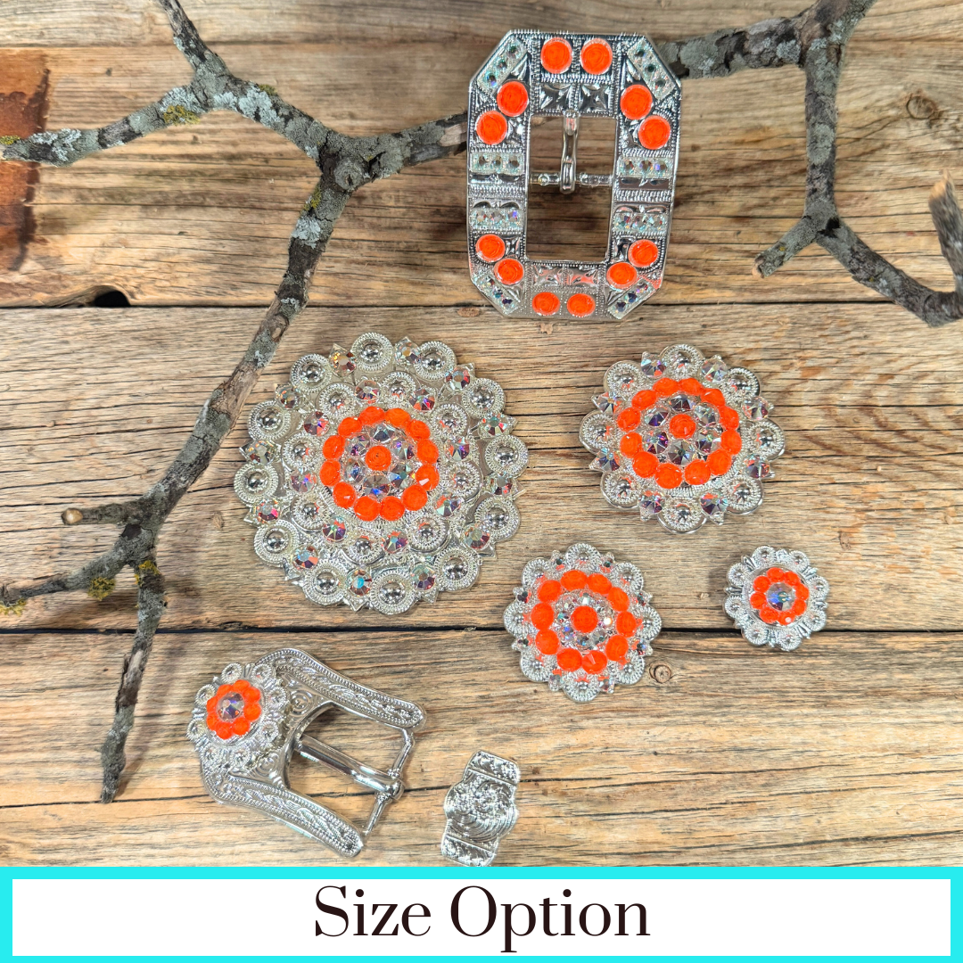 Bright Silver Neon Orange - AB Crystal Conchos | Sizes 1"- 3" | Buckles | Saddle Set