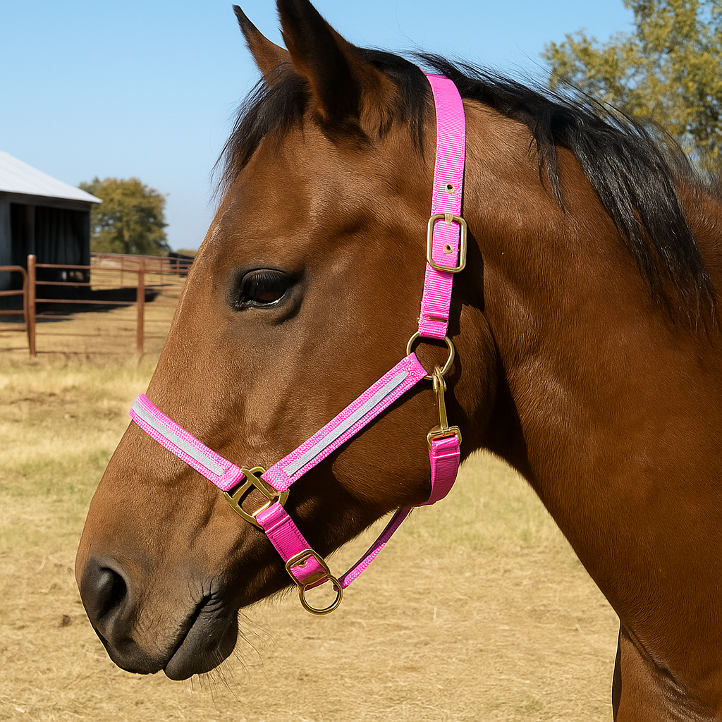 Brown horse wearing a pink halter in an outdoor setting with a clear sky.