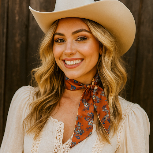 Woman wearing a beige cowboy hat and a patterned Twilly scarf against a wooden background