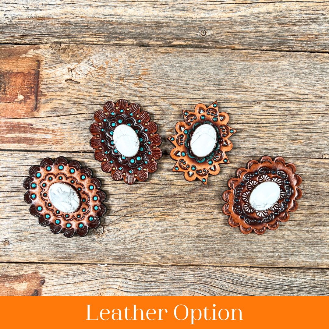 White Cabochon Stone - Leather Rosette Options -
