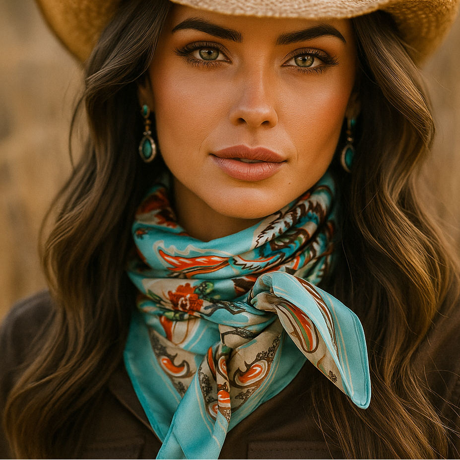 Woman wearing a cowboy hat and colorful wild rag  scarf in a natural setting