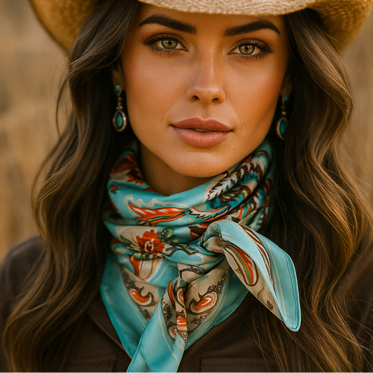 Woman wearing a cowboy hat and colorful wild rag  scarf in a natural setting