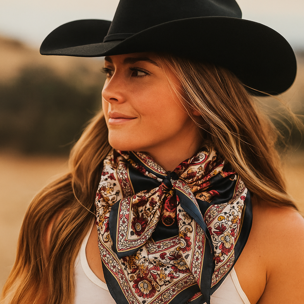 Woman wearing a black cowboy hat and patterned scarf in a desert setting