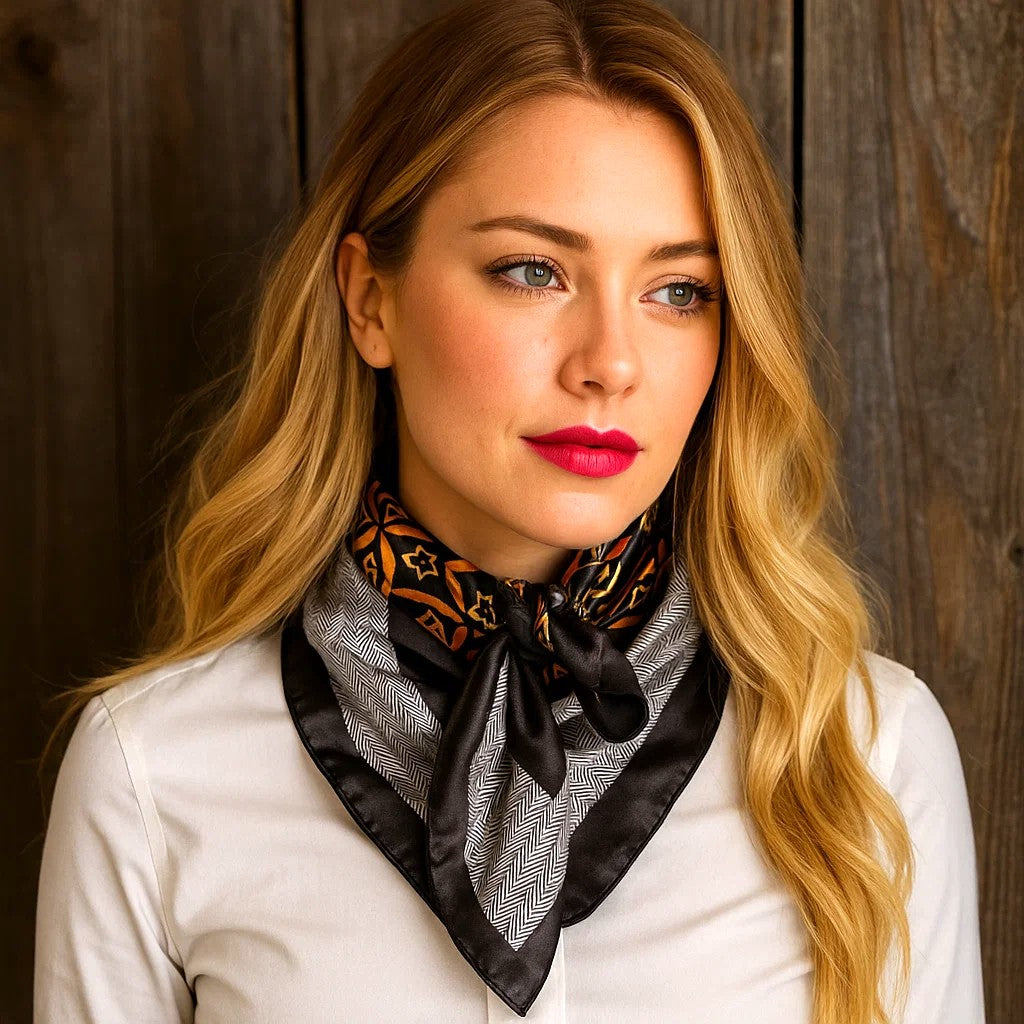 35X35" Black and Orange Multi Pattern Wild Rag / Scarf WR1033