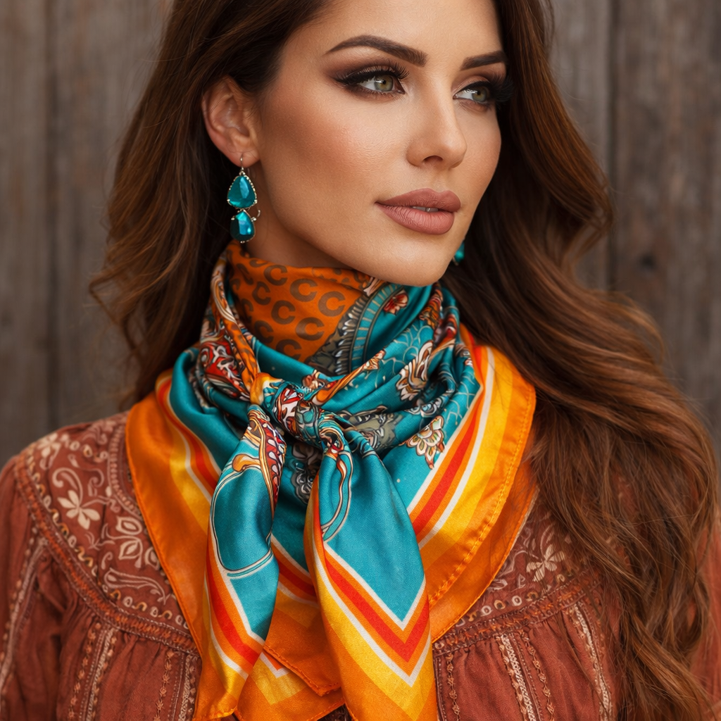 35X35" Orange and Turquoise Horse Shoe Paisley Wild Rag / Scarf WR1033