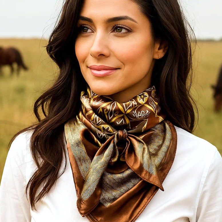 35X35" Brown and Yellow Multi Pattern Wild Rag / Scarf WR1034