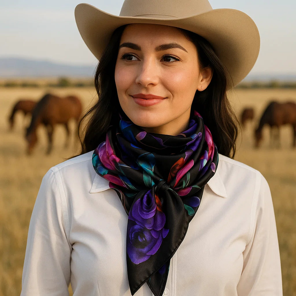 35X35"  Black with Pink & Purple Roses Wild Rag / Scarf WR140
