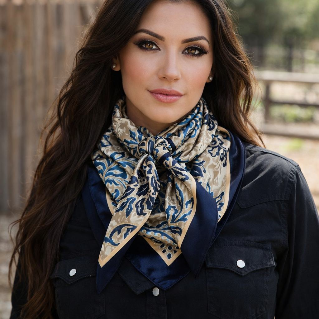 35X35"  Cream and Blue Floral Wild Rag /Scarf WR2404